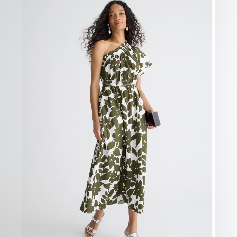 Smocked Cotton Poplin One-Shoulder Dress in Leafy Flower